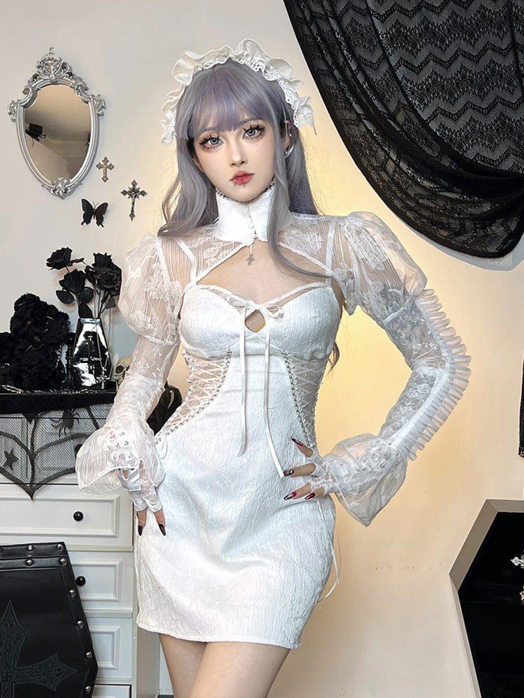 Lace Gothic Retro Mesh Flare Sleeve Witchy Bodycon Goth Dress