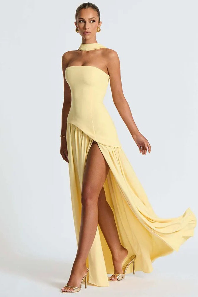 Satin Strapless High Split Asymmetric Draped Maxi Dress - View 2