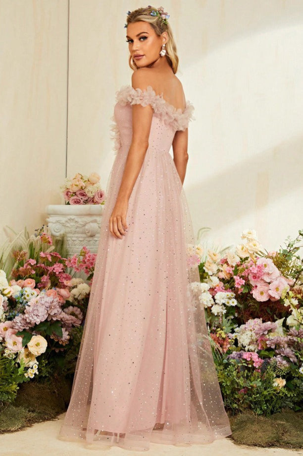 Off Shoulder Feather Trim Glitter Tulle High Split Maxi Dress 2