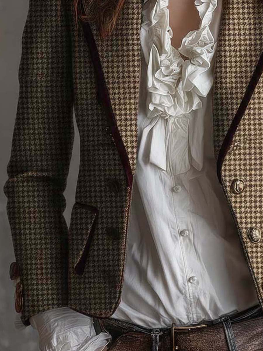 Houndstooth Tweed Velvet Trim Double Breasted Blazer 5