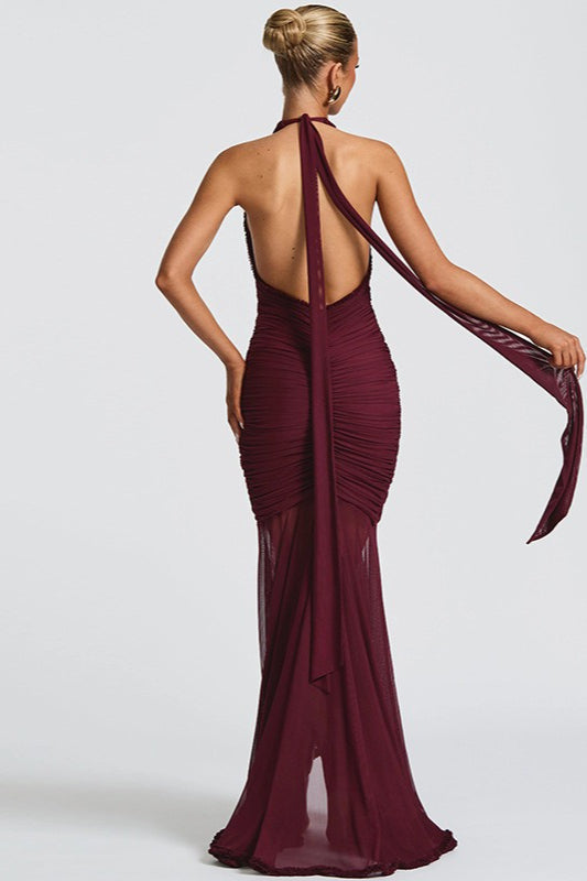 Halter Neck Deep V-Neck Ruched Ruffle Mermaid Maxi Gown - View 2