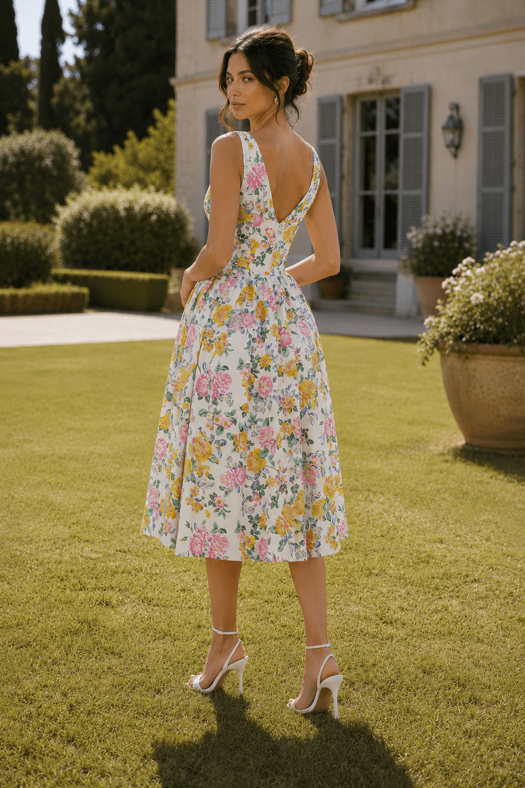 Floral Deep V-Neck Ruched Bodice Fit and Flare Midi Dress 3