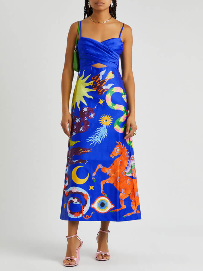 Summer Sexy Satin Backless Printed Sleeveless Midi Dress in Blue - View 3