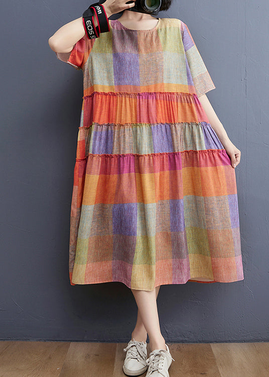 Plaid Print Crew Neck Short Sleeve Tiered Ruffle Oversized Midi Dress - View 2