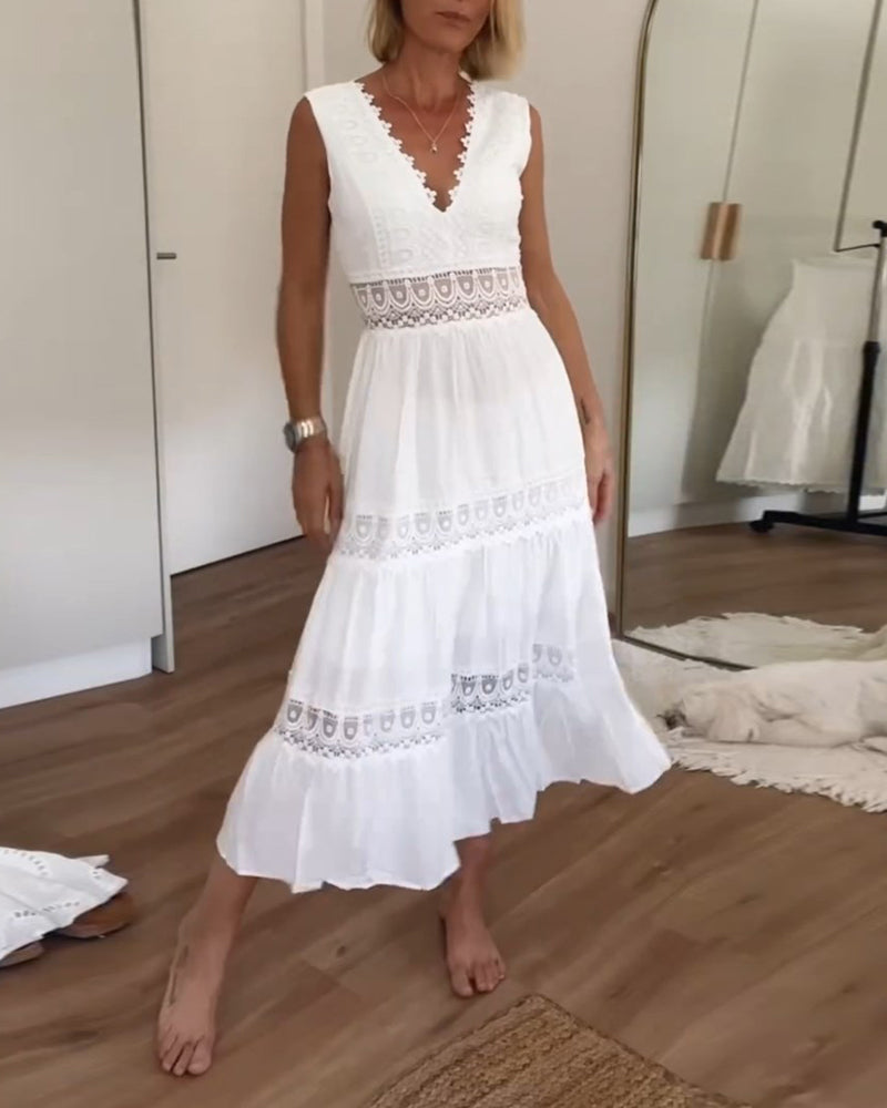 Deep V-Neck Sleeveless Lace Trim Empire Waist Tiered Midi Dress