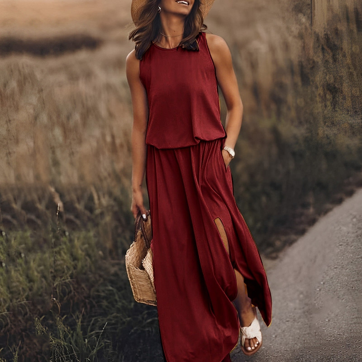 Satin Crew Neck Sleeveless High Split Maxi Summer Dress