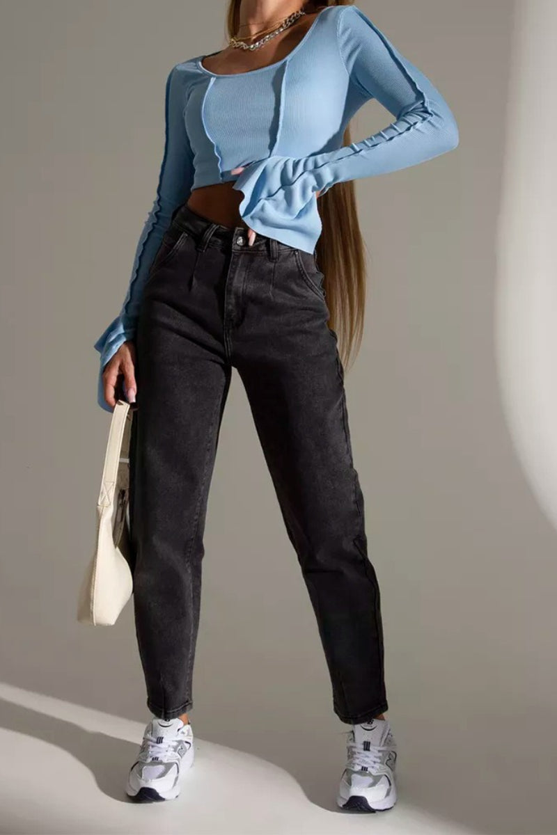 High-Waist Vintage Washed Straight-Leg Denim Jeans
