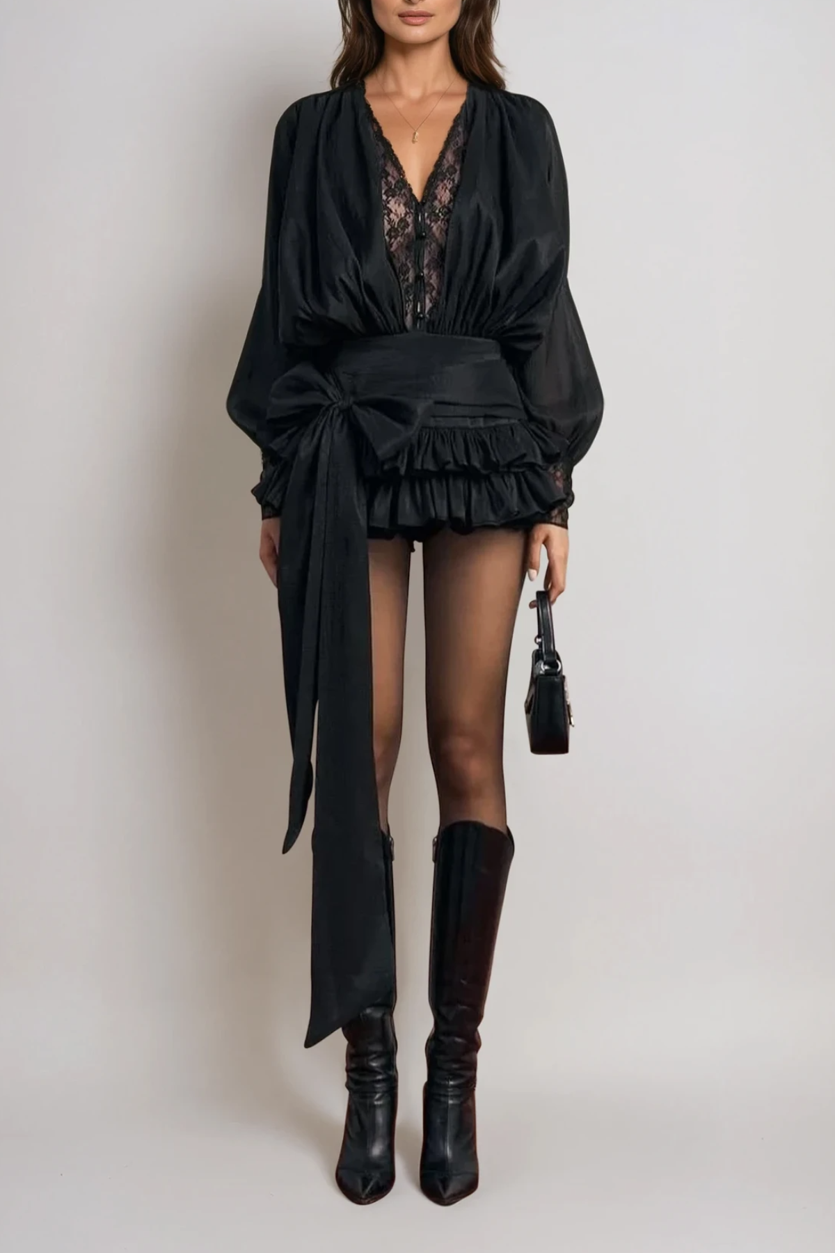 Aminah Lace Plunge Bow Mini Dress