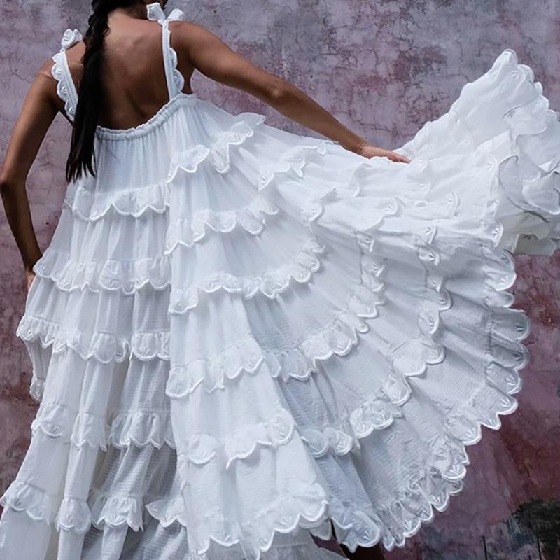 Spaghetti Strap Tiered Ruffle Scallop Embroidered Low Back Maxi Dress - View 7