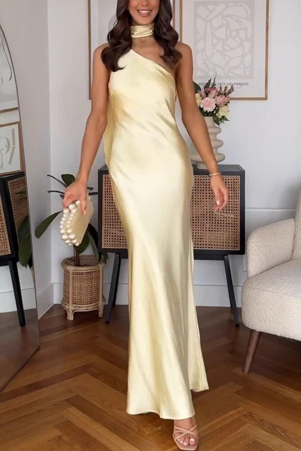Satin One Shoulder Scarf Neck Tie Bodycon Maxi Dress - View 2