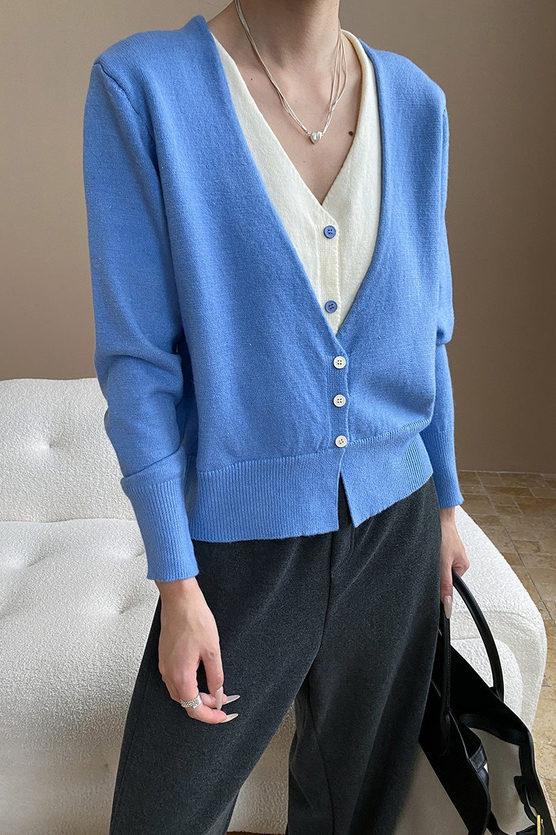 Two-Tone V-Neck Cardigan Blue / One Size