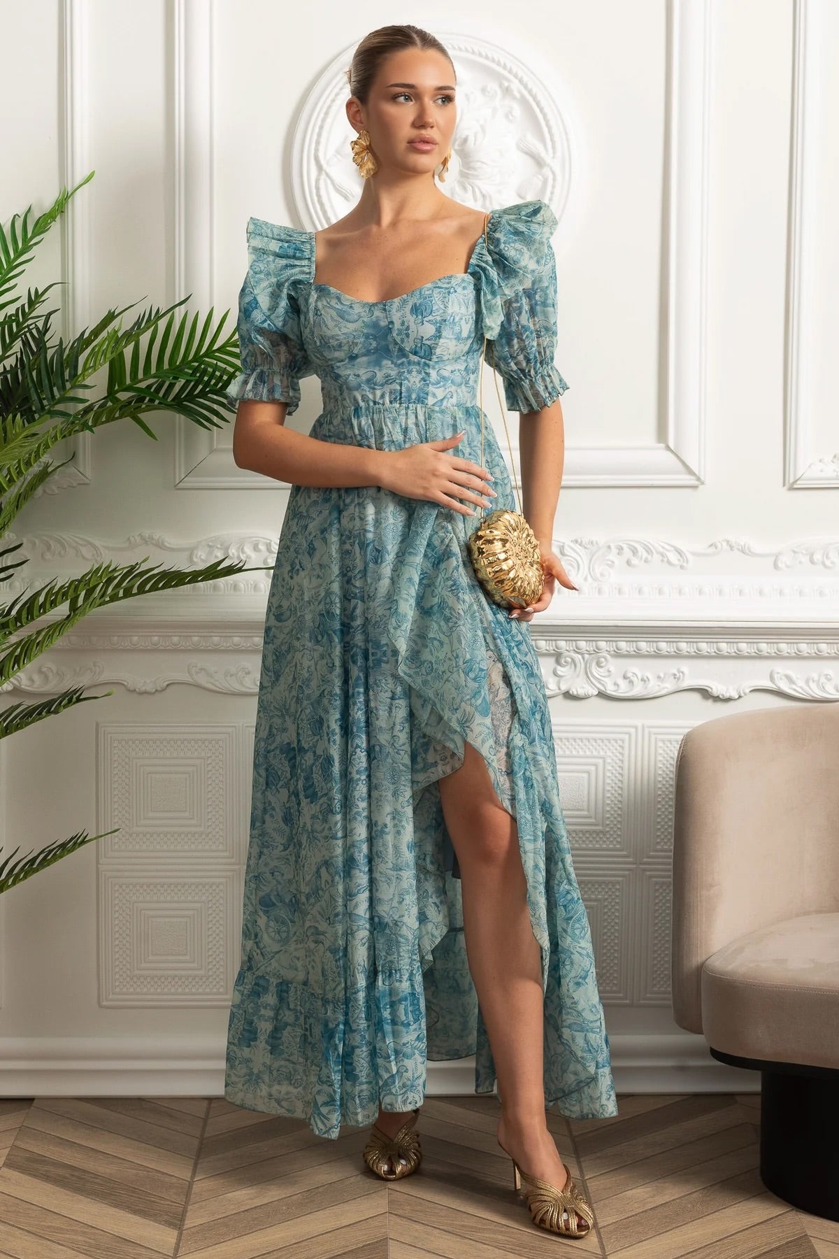 Toile Print Puff Sleeve Sweetheart Neck High Split Maxi Dress