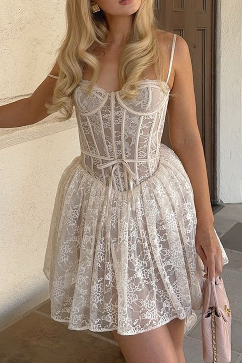 Lace Spaghetti Strap Corset Lace Up Fit and Flare Mini Dress - View 4