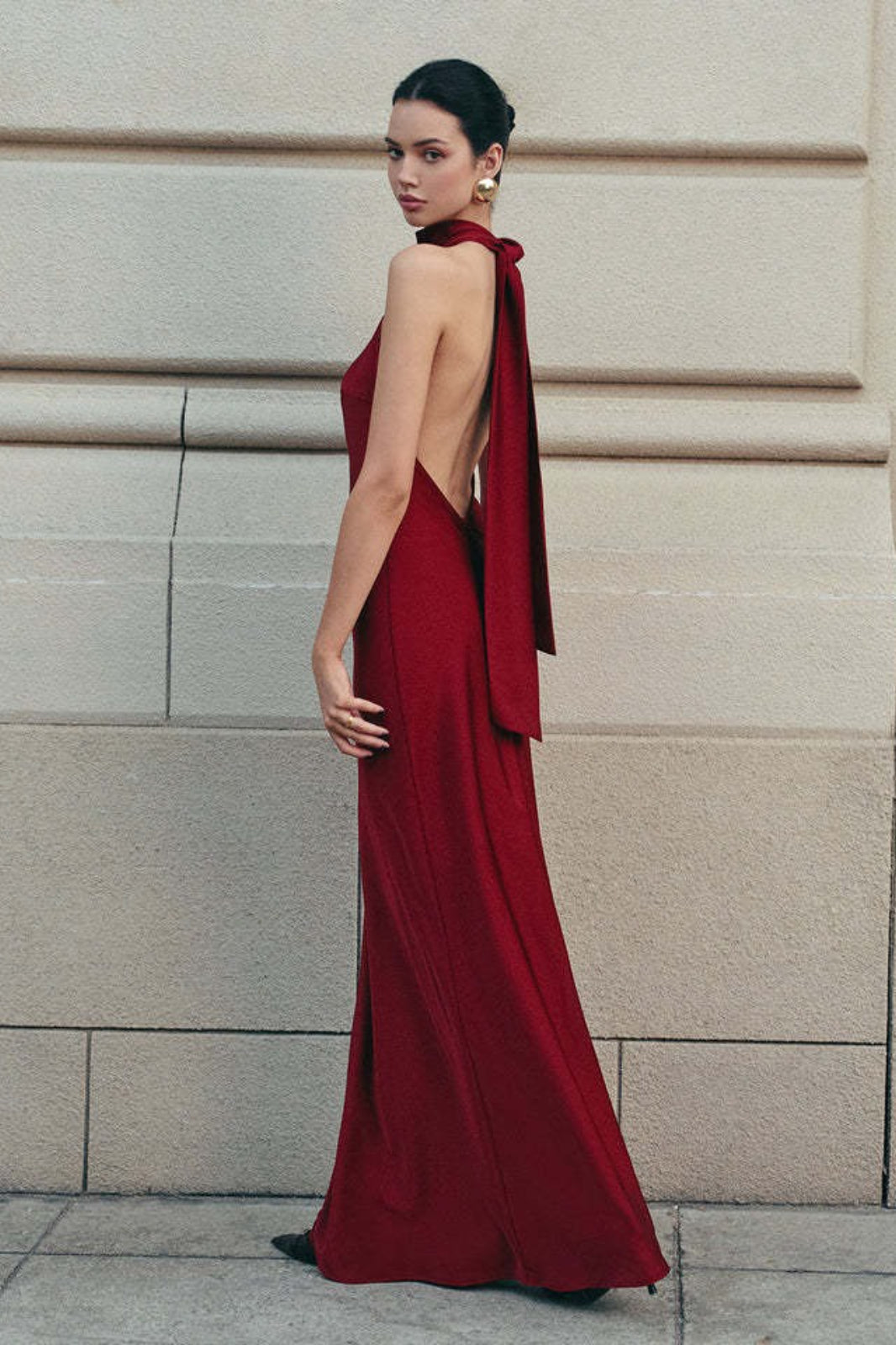 Satin Halter Neck Backless Bias Cut Slip Maxi Dress in Burgundy - View 2