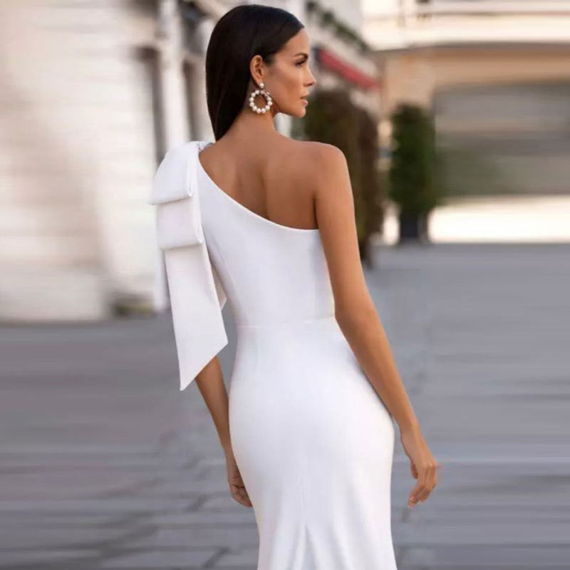 Crepe Bow Shoulder Fishtail Mermaid Wedding Gown - View 5