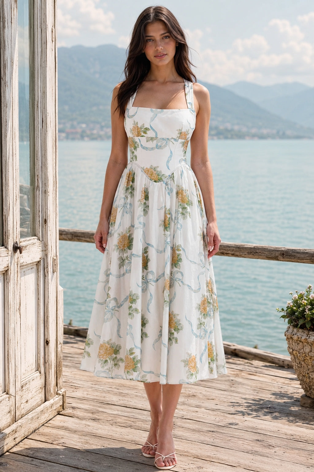Square Neck Floral Corset Waist High Split Midi Dress 5