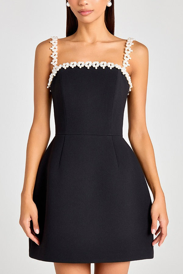 Beaded Trim Square Neck Spaghetti Strap Cocktail Mini Dress - View 2