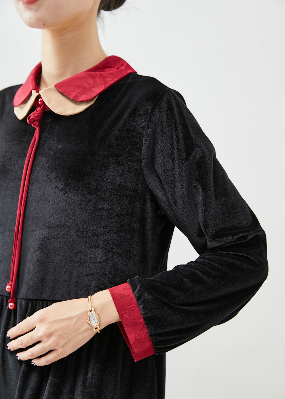 Velvet Peter Pan Collar Contrast Cuff Tie Neck Midi Dress - View 5