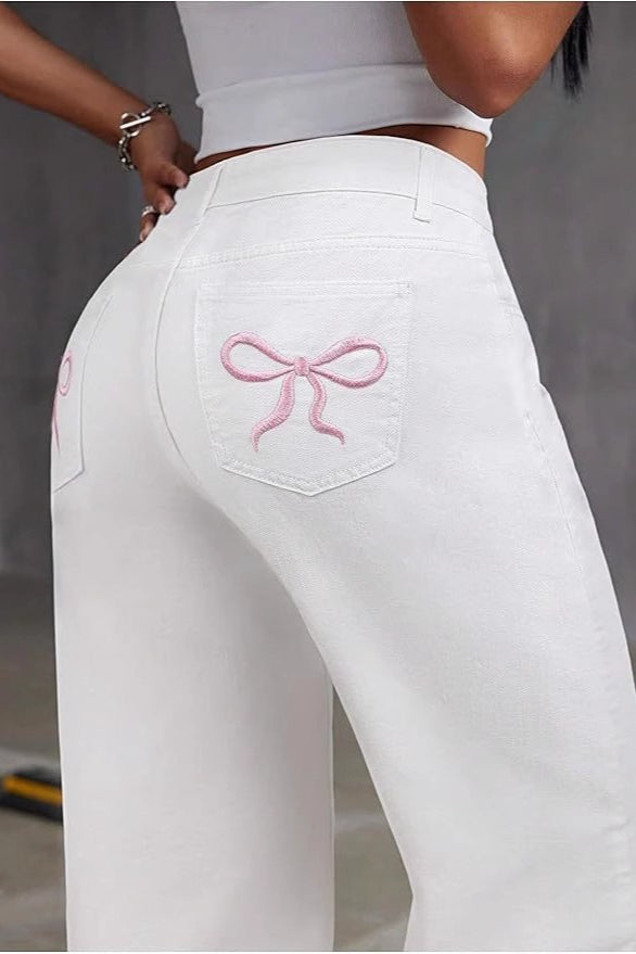 High-Waist Embroidered Wide-Leg Denim Jeans