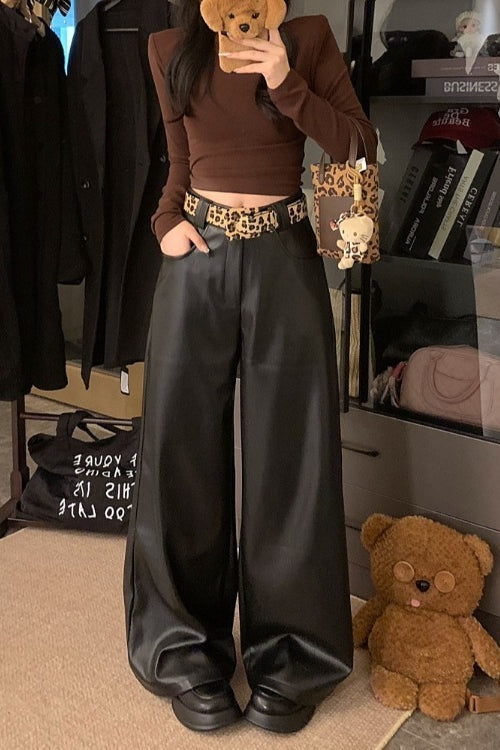 High Waist PU Leather Elastic Waist Wide Leg Pants