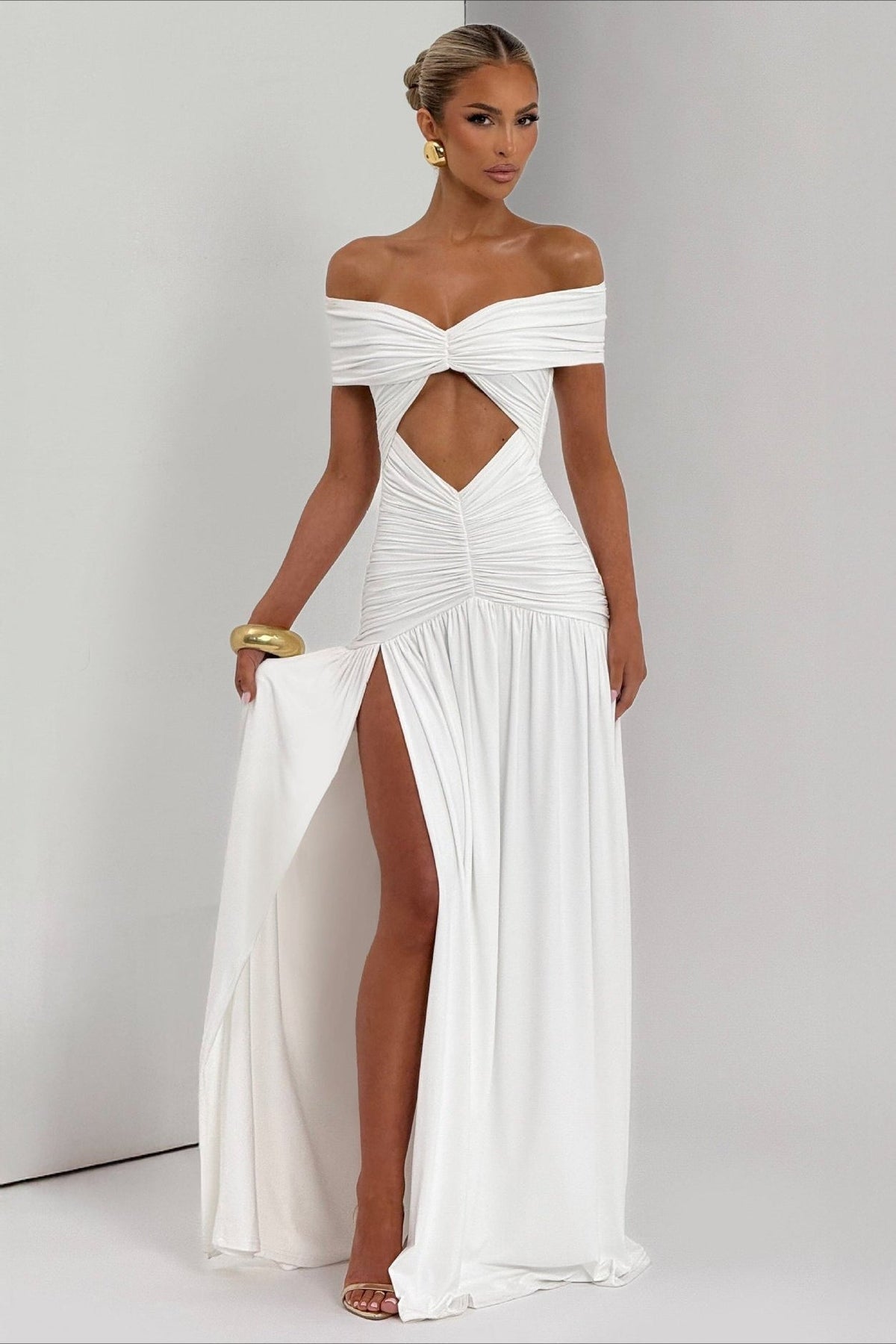 Off Shoulder Sweetheart Cut Out Ruched High Split Maxi Gown 5