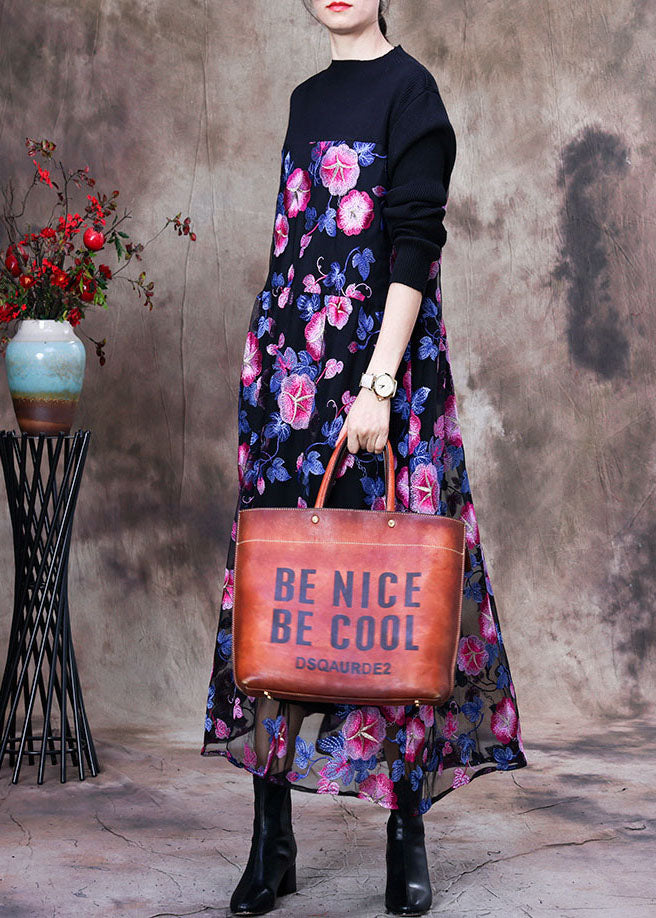 Floral Embroidered Mesh Overlay Long Sleeve Knit Maxi Dress - View 2