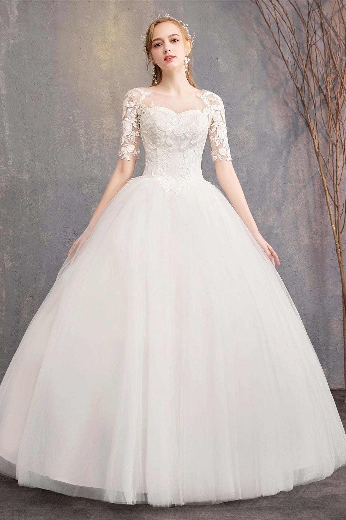 Illusion Neckline Half Sleeve Lace Bodice Tulle Ball Gown