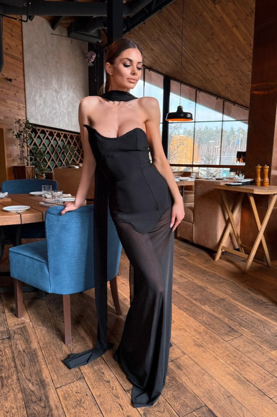 One Shoulder Sweetheart Sheer Mesh Bodycon Maxi Gown - View 3