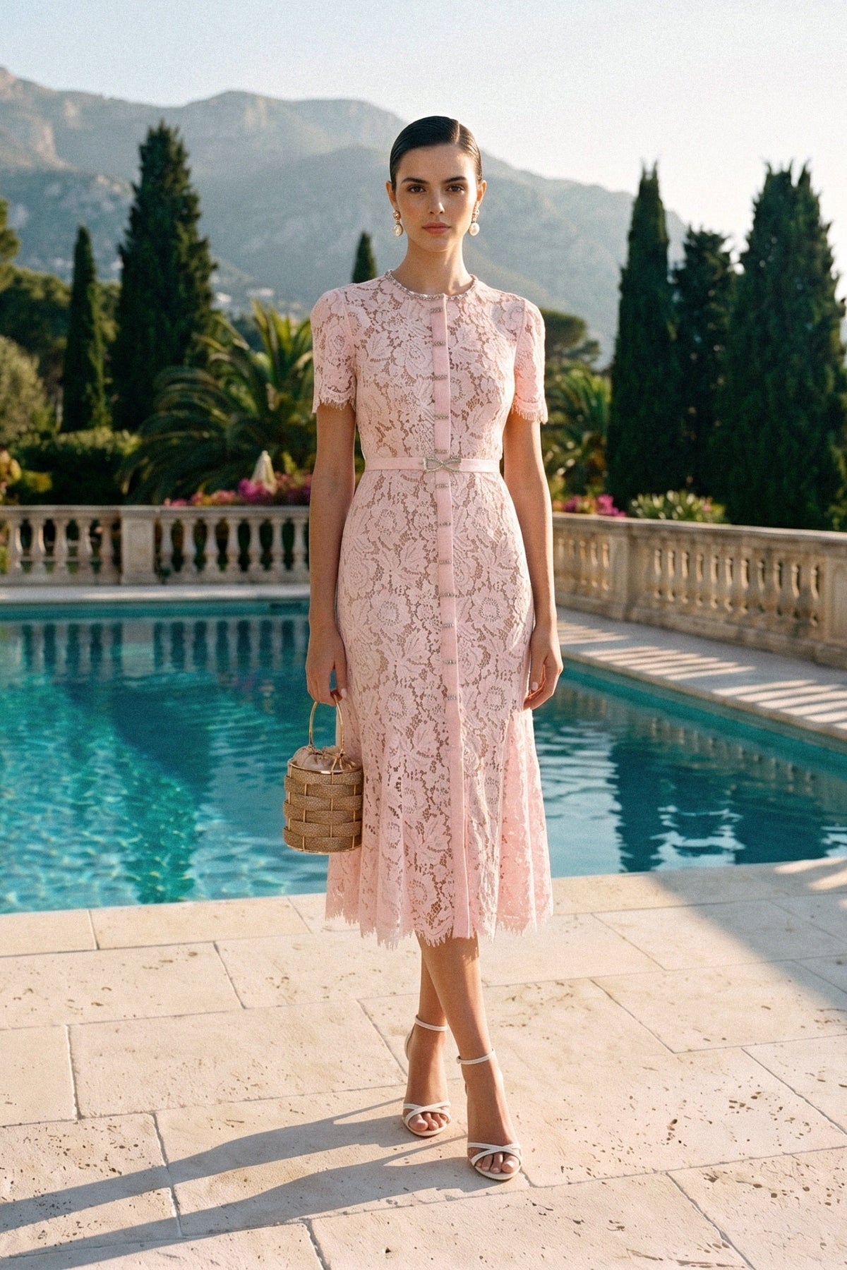 Floral Lace Short Sleeve Button Front Scalloped Hem Belted Midi Dress