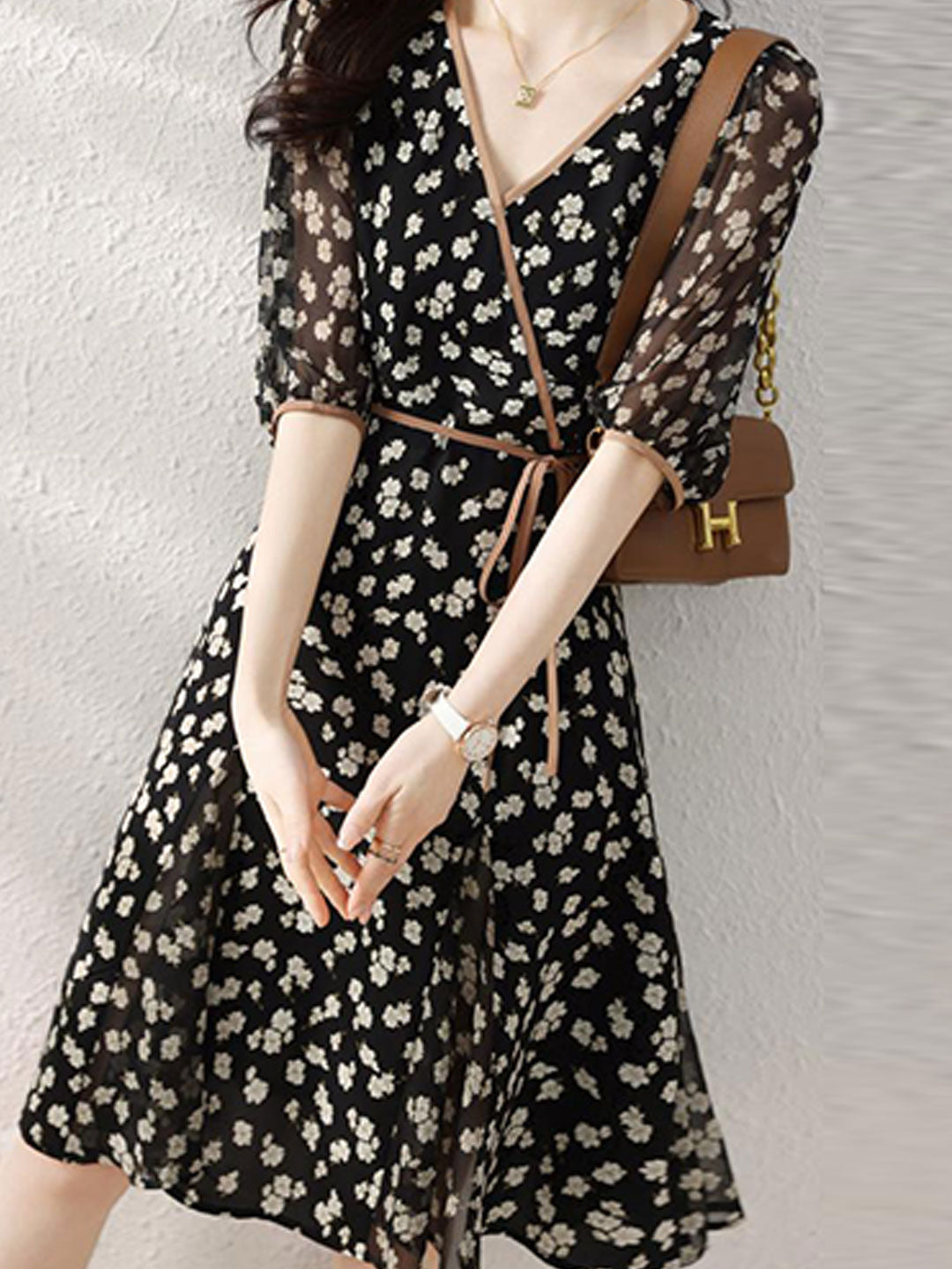 Floral Print Wrap V-Neck Puff Sleeve Tie Waist Dress - View 6