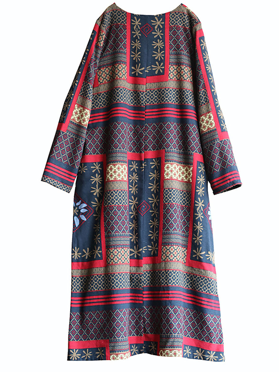 Folk Patchwork Print Long Sleeve Contrast Cuff Crew Neck Maxi Dress - View 12