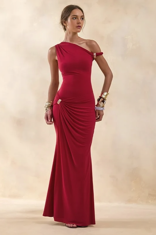 One Shoulder Ruched Twist Front Mermaid Maxi Gown 4