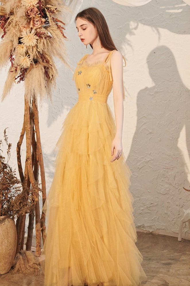 Tulle Spaghetti Strap Square Neck Tiered Ruffle Maxi Prom Dress