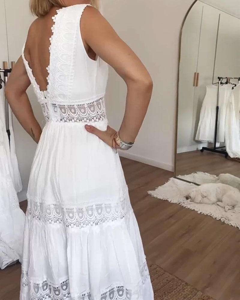 Deep V-Neck Sleeveless Lace Trim Empire Waist Tiered Midi Dress - View 2