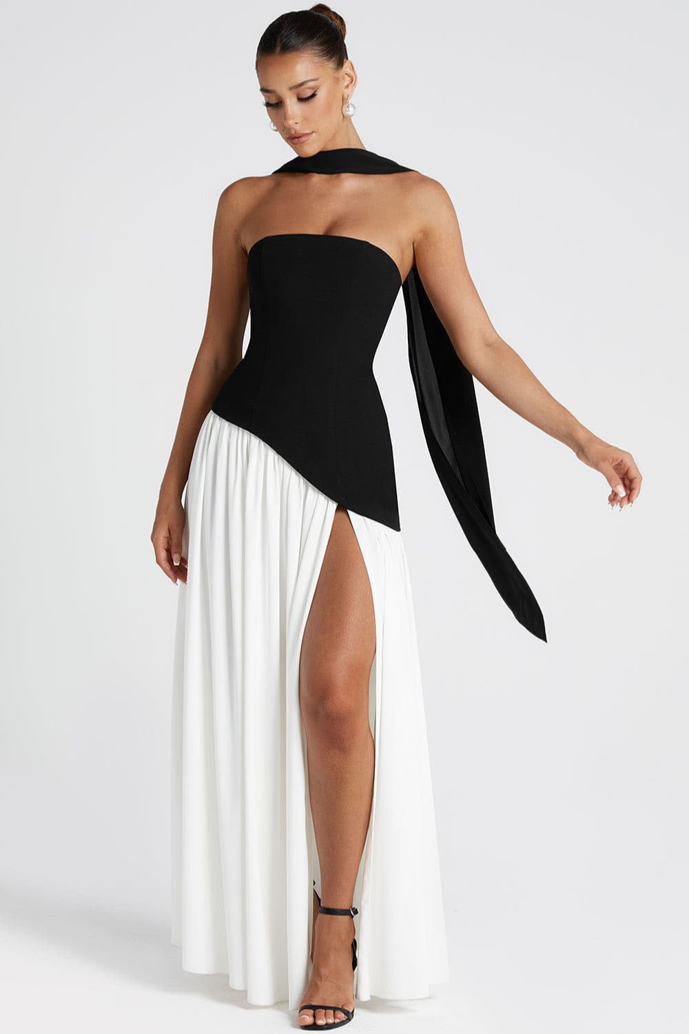 Strapless Bustier Scarf Neck High Split Maxi Dress