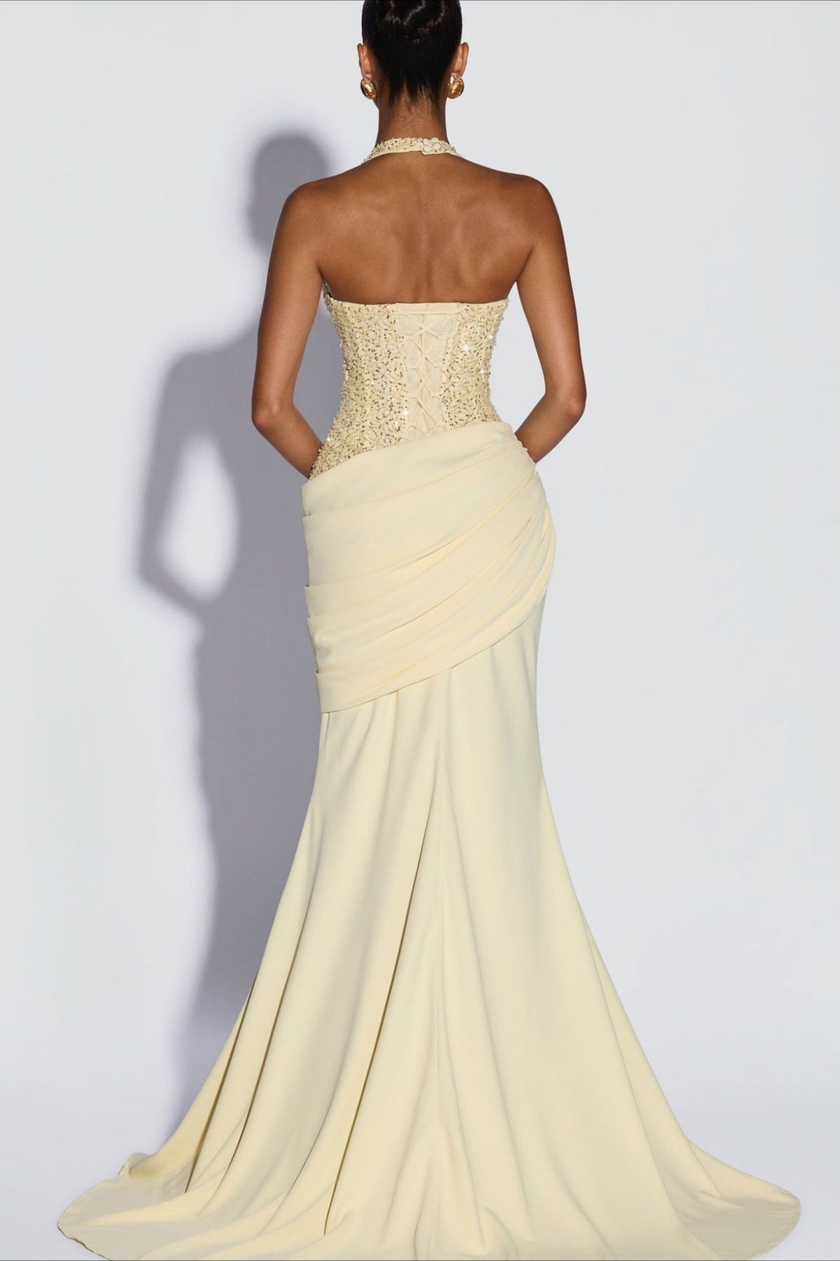 Halter-Neck Ruched Bodycon Sequin Maxi Dress