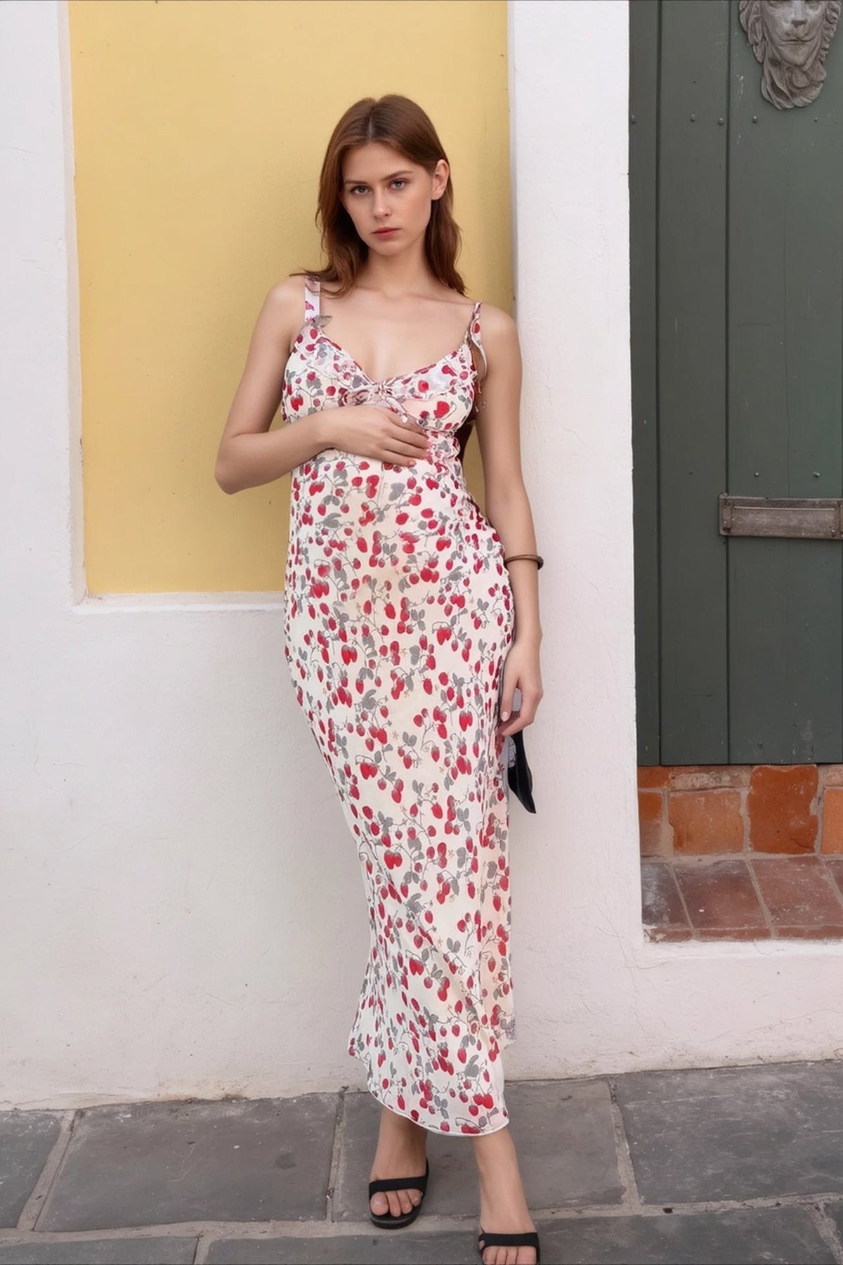 Strawberry Print Ruffle Strap Tie Front Satin Slip Midi Dress 3