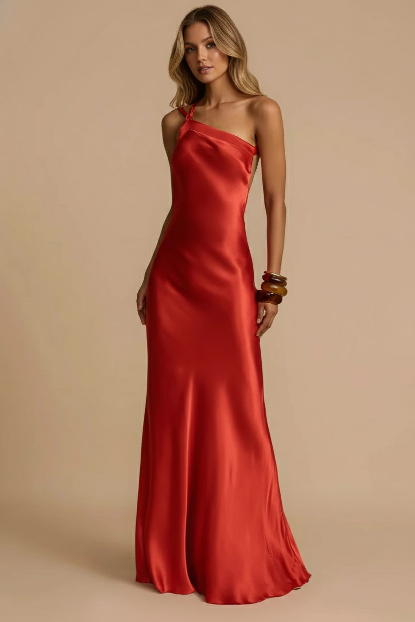 Satin One Shoulder Twisted Strap Draped Sash Bodycon Maxi Gown - View 4