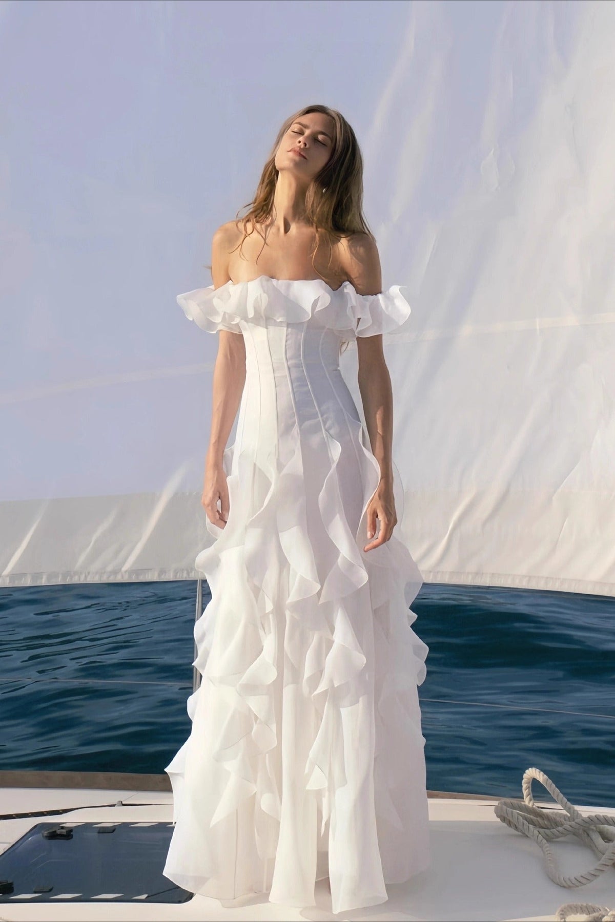 Off Shoulder Ruffle Trim Paneled Bodice Cascading Maxi Gown