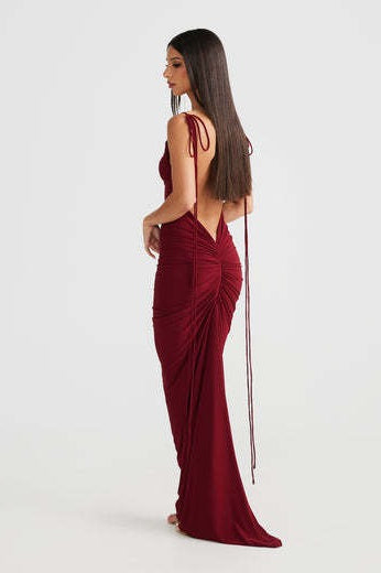 Cowl Neck Spaghetti Strap Backless Ruched Bodycon Maxi Dress - View 10