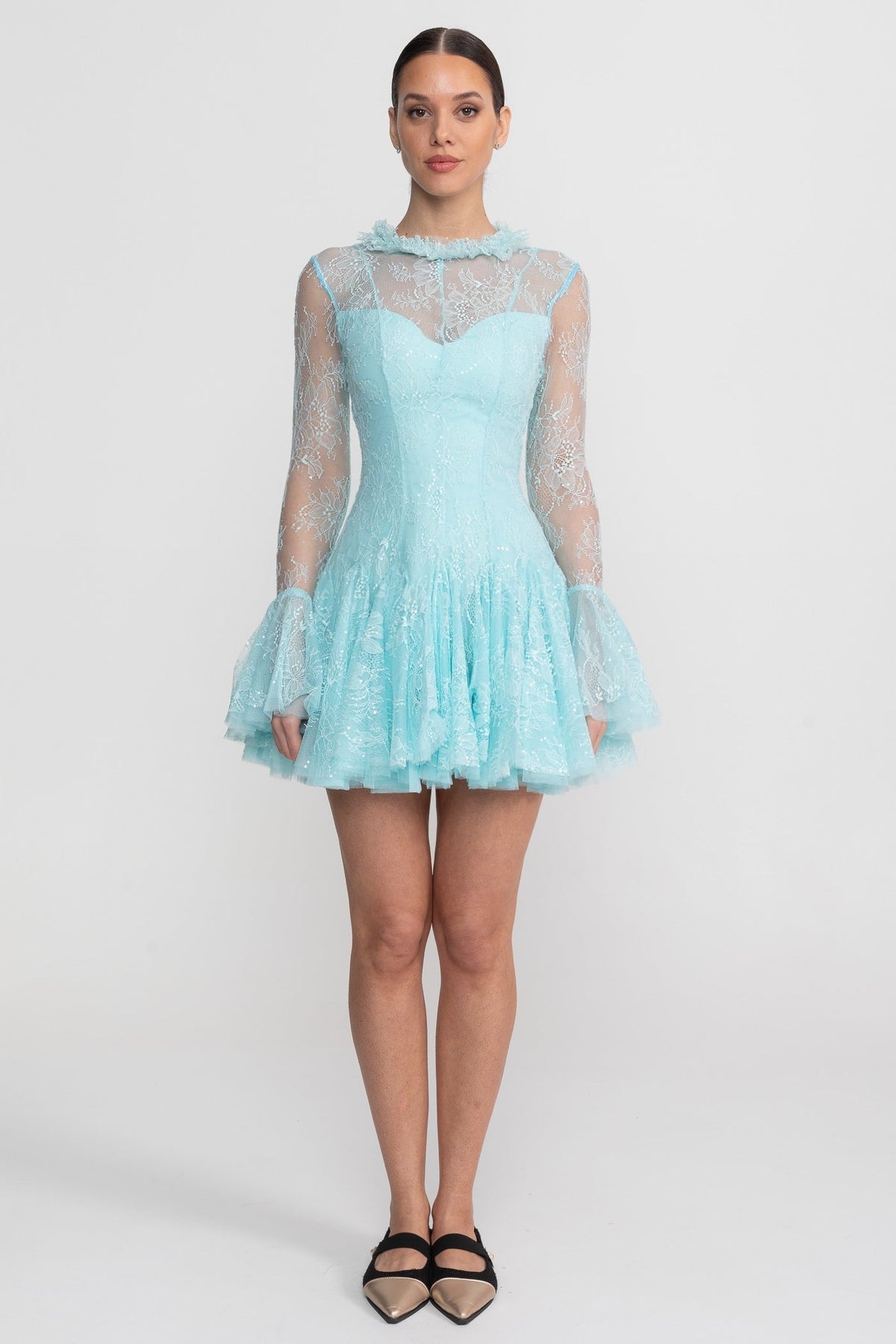 Sheer Lace Long Sleeve Mini Dress With Ruffled Hem - Teal - View 3