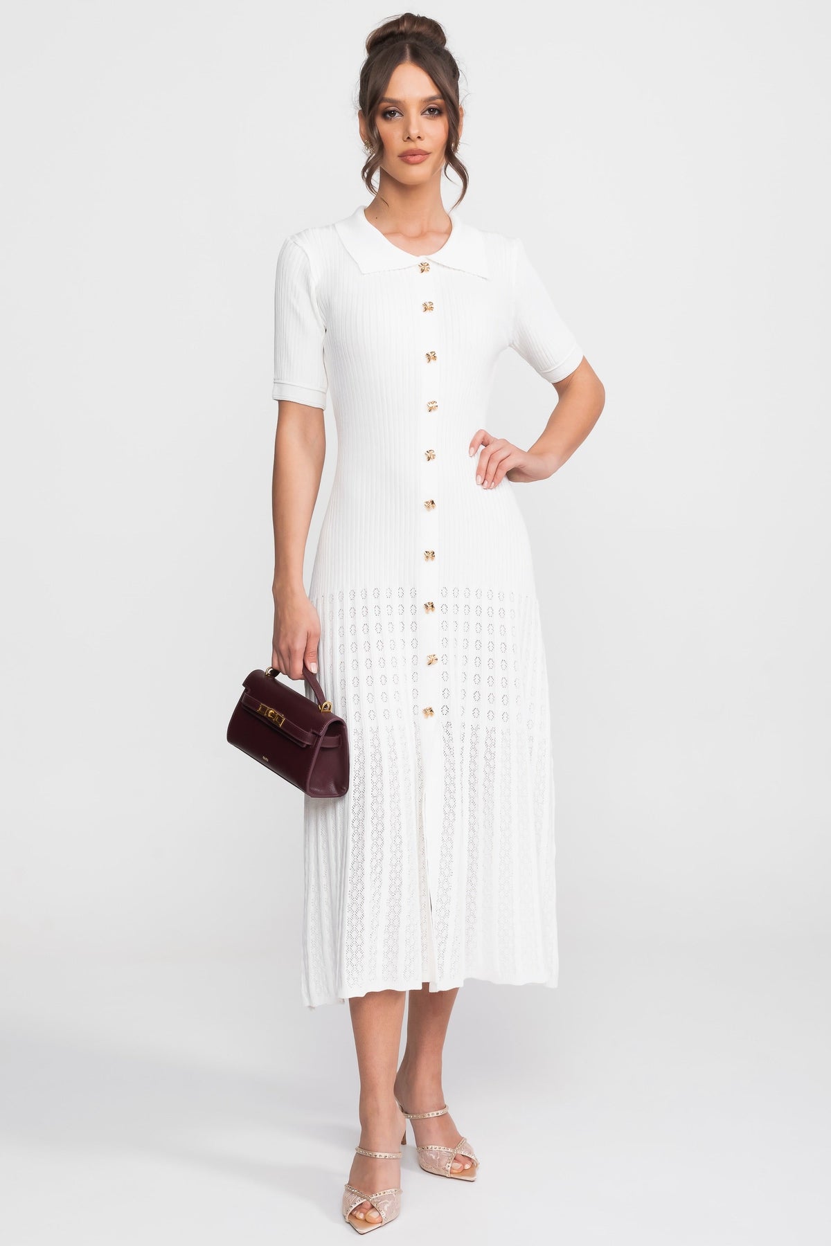 Ribbed Knit Midi Dress With Peter Pan Collar And Pleated Skirt - White - View 5