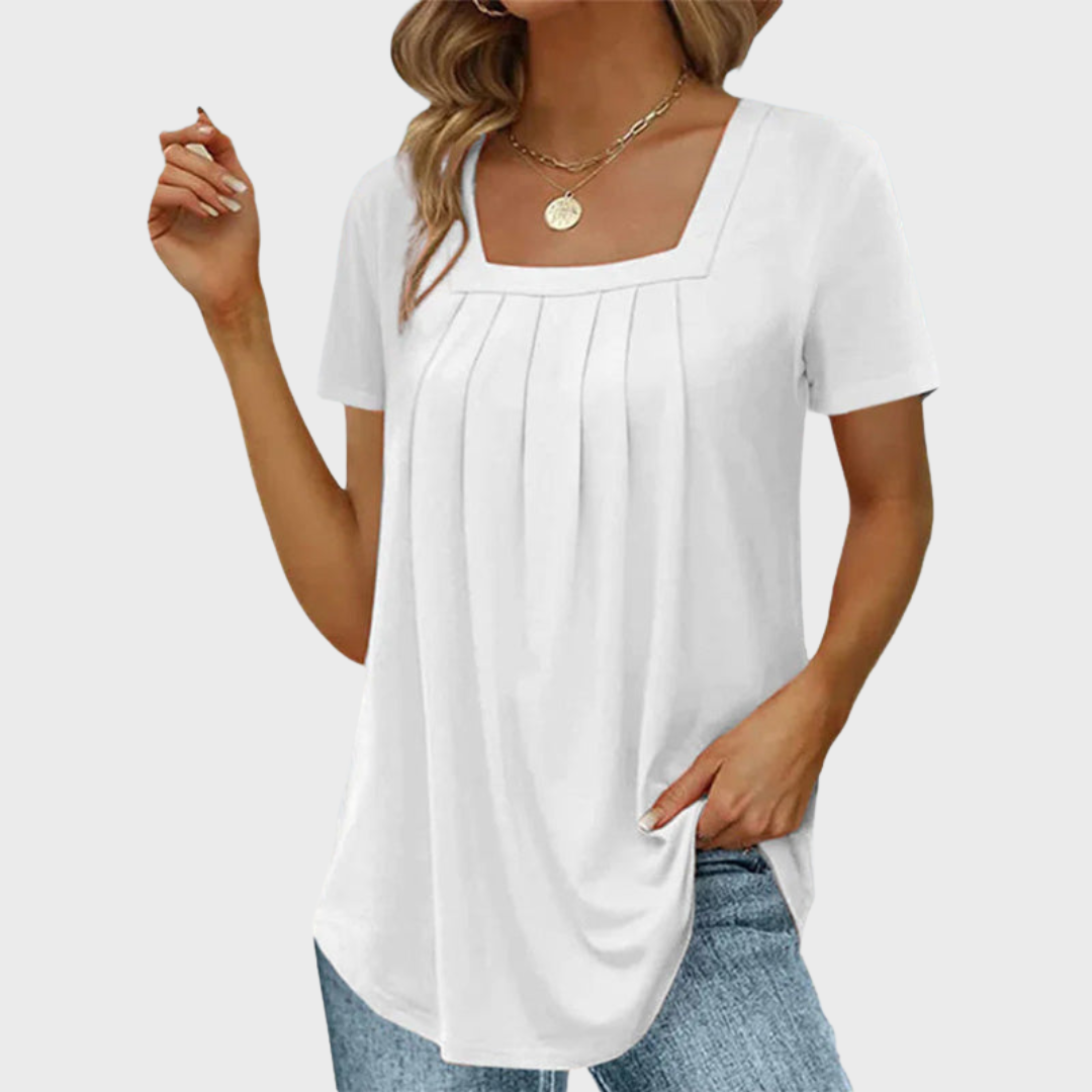 Square Neck Short Sleeve Pleated Front Tunic Top