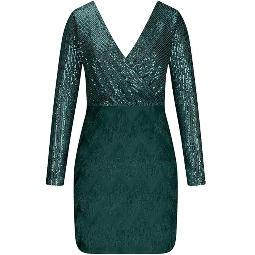 Sequin Wrap Deep V-Neck Long Sleeve Faux Cocktail Mini Dress - View 18
