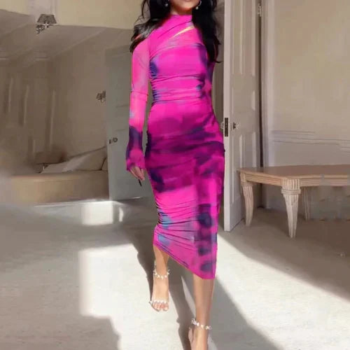 Ruched Mock Neck Long Sleeve Abstract Print Bodycon Midi Dress - View 3