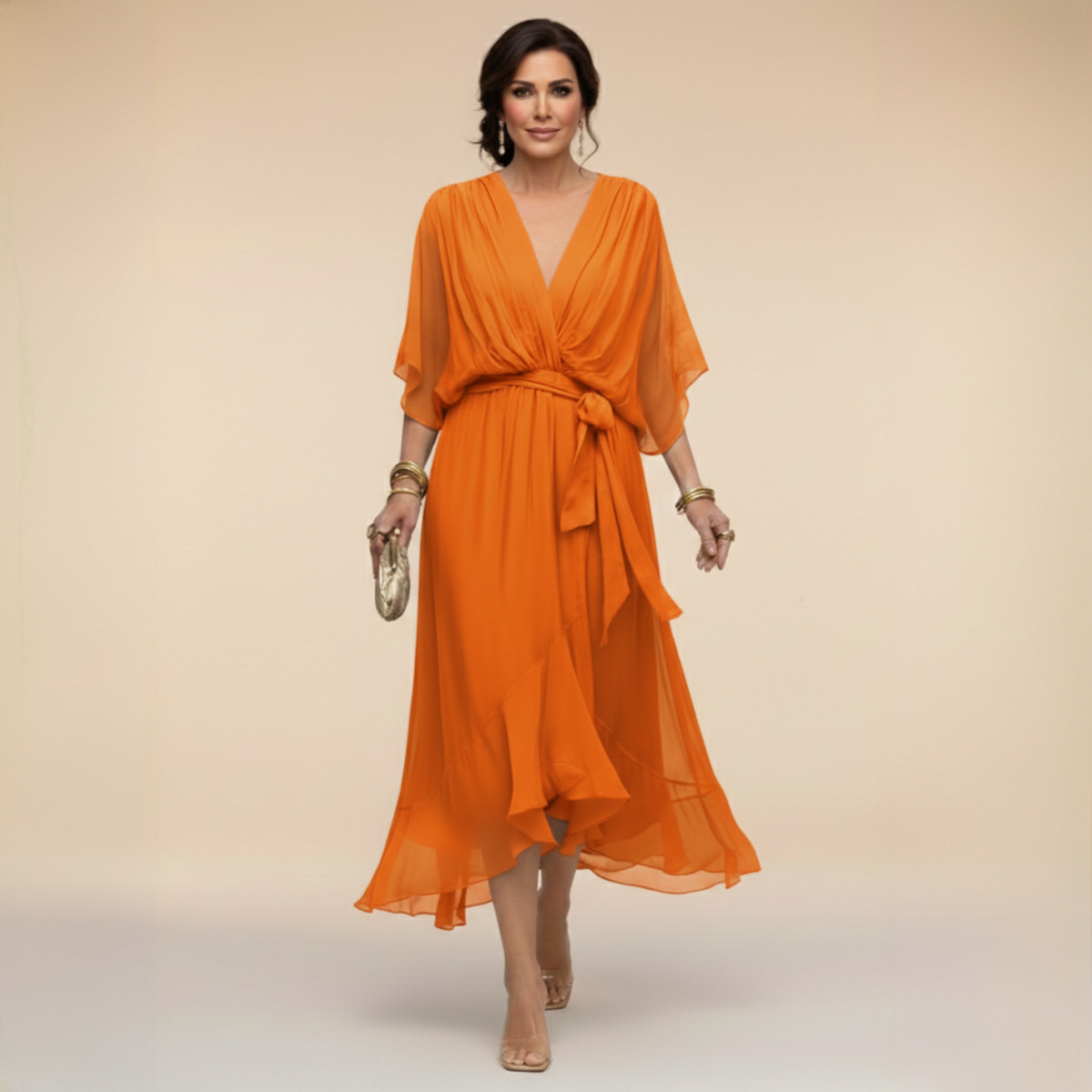 Deep V-Neck Flutter Sleeve Wrap Tie Ruffle Hem Chiffon Midi Dress 10