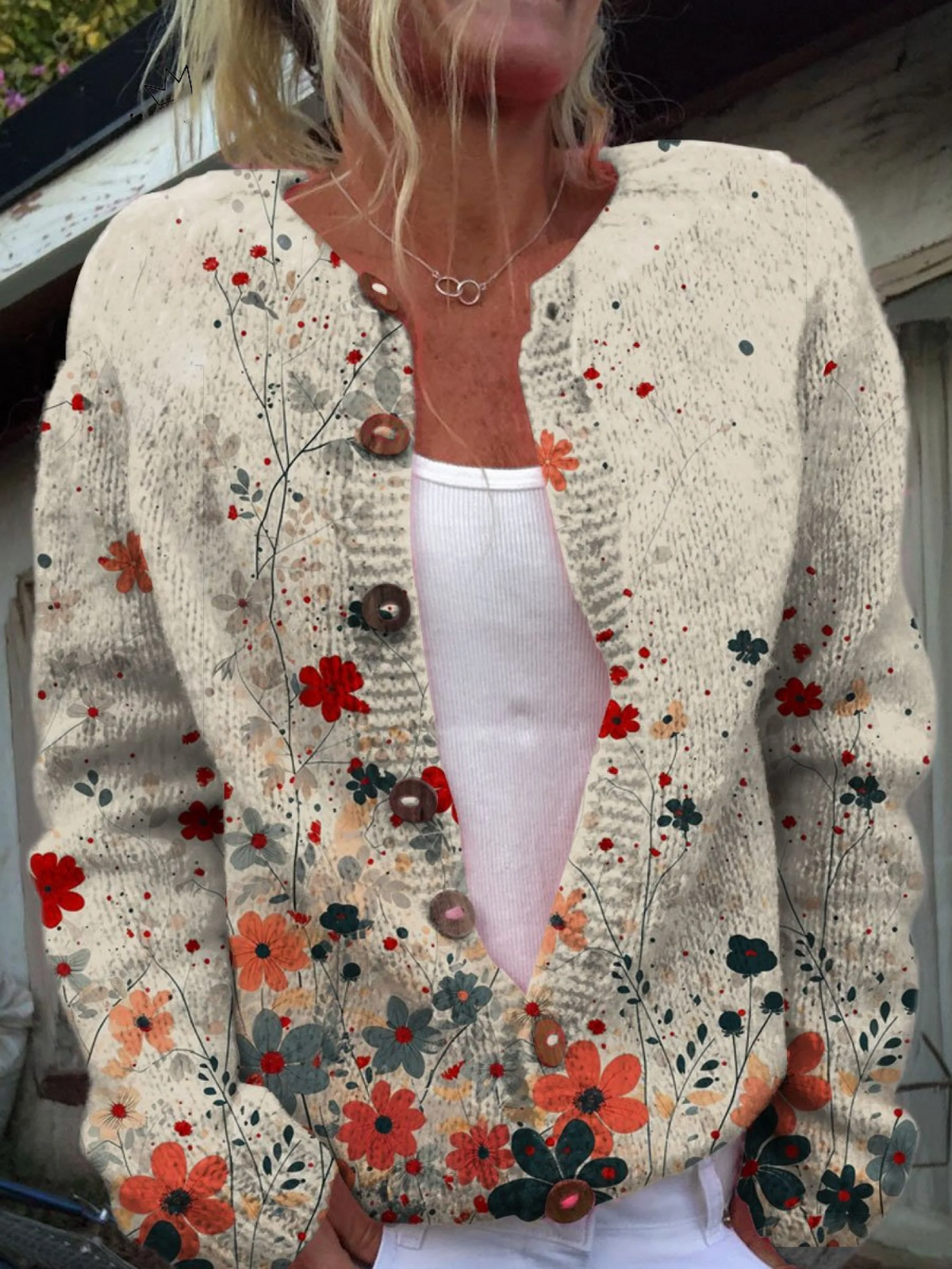 Floral Print Button Front Long Sleeve Knit Cardigan