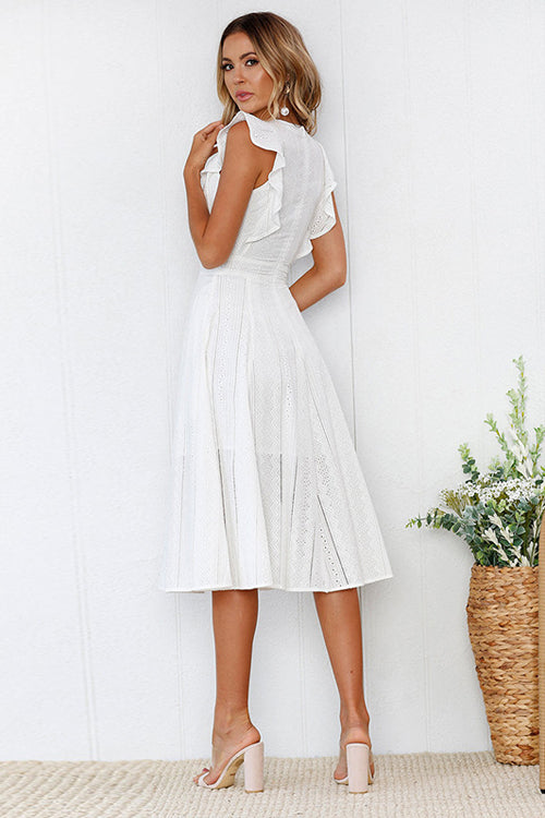Eyelet Ruffle Sleeve Crew Neck Fit and Flare Midi Dress 4