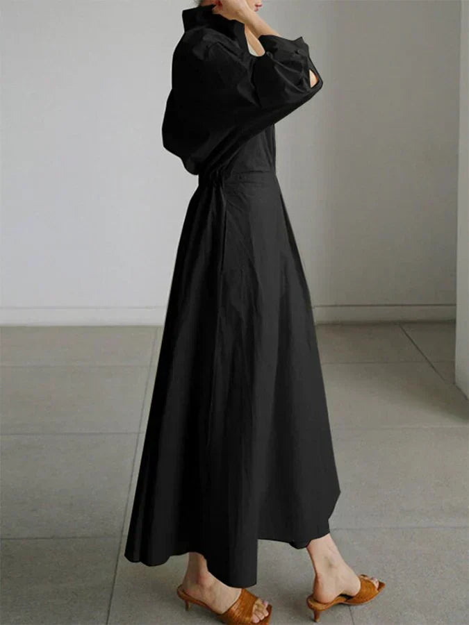 Lapel Collar Lantern Sleeve Pleated A-Line Pocket Midi Shirt Dress - View 2