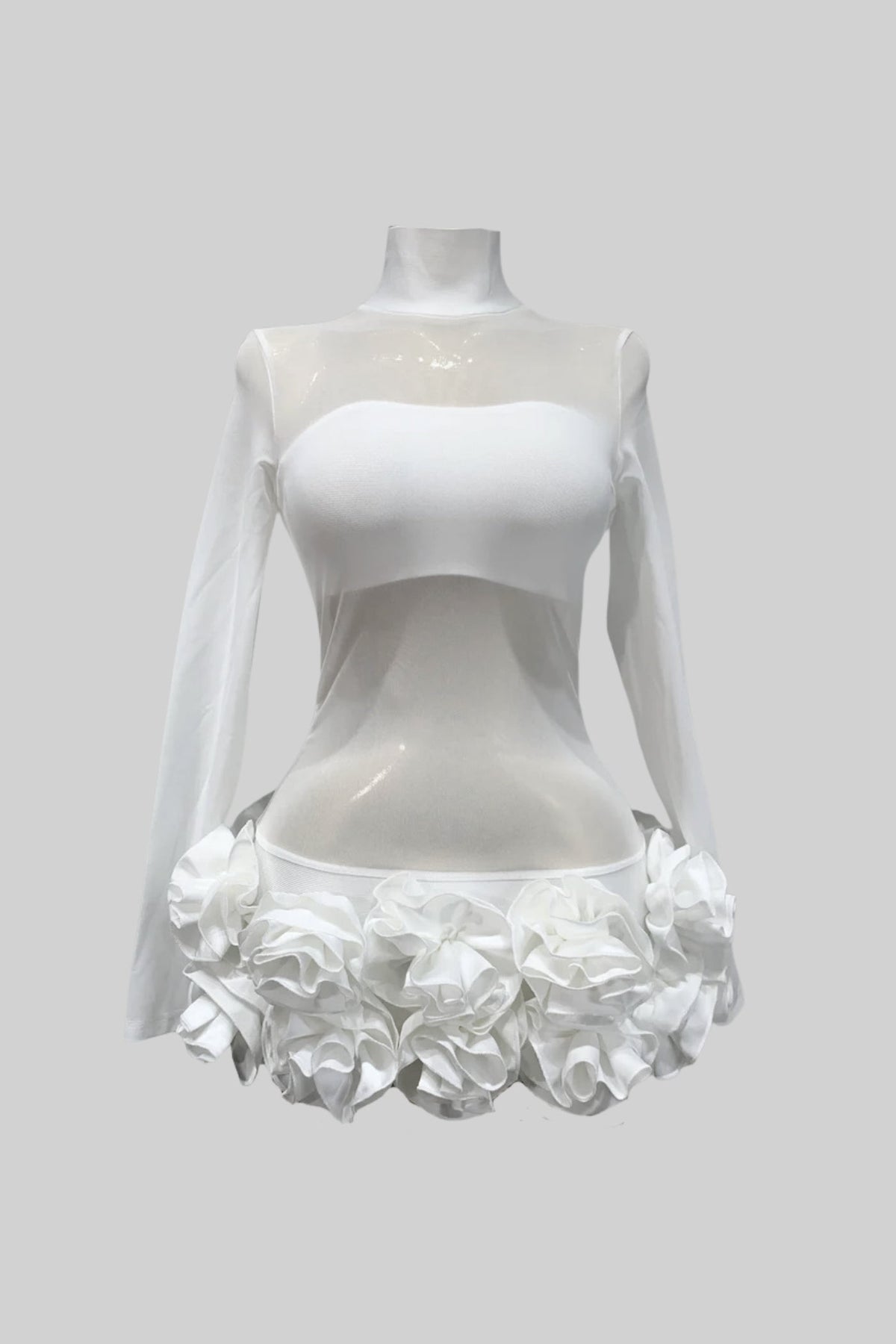Sheer Floral Mini Dress With 3D Rosettes Hemline – White